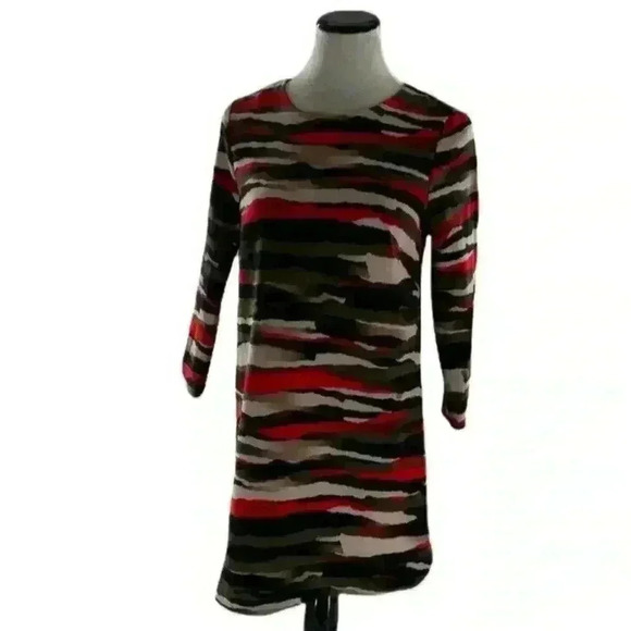 H&M Women's Multicolor Camouflage Long Sleeve Neck Sheath Midi Dress Size 8 - Picture 1 of 5